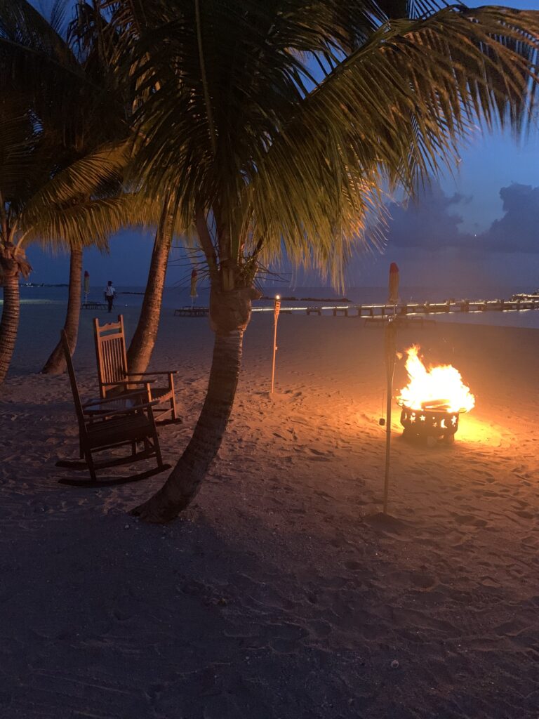 A campfire and two rocking chairs under palm trees. Looking out over the ocean.
